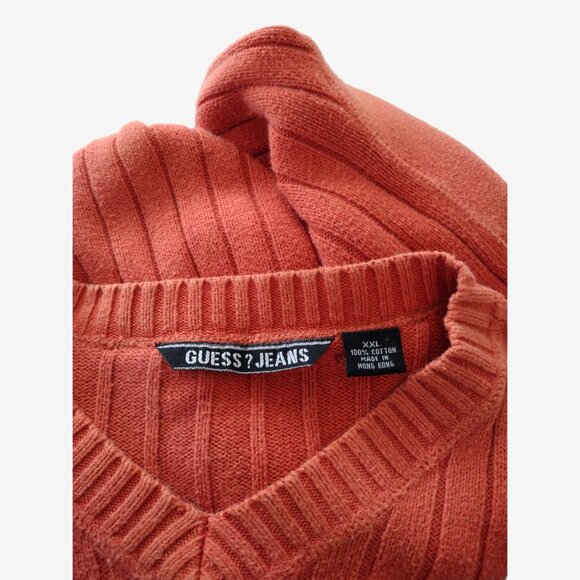 Vintage Y2K Guess Jeans Men's Orange Ribbed Knit V Neck Sweater Size XXL - Picture 9 of 12